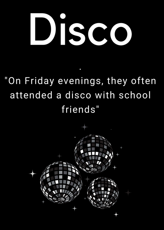 Text about attending a disco with school friends on a black background with disco balls.